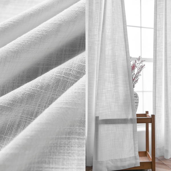 Pure White Linen Textured Sheer Curtain, Customize Size/Head, 1 Panel