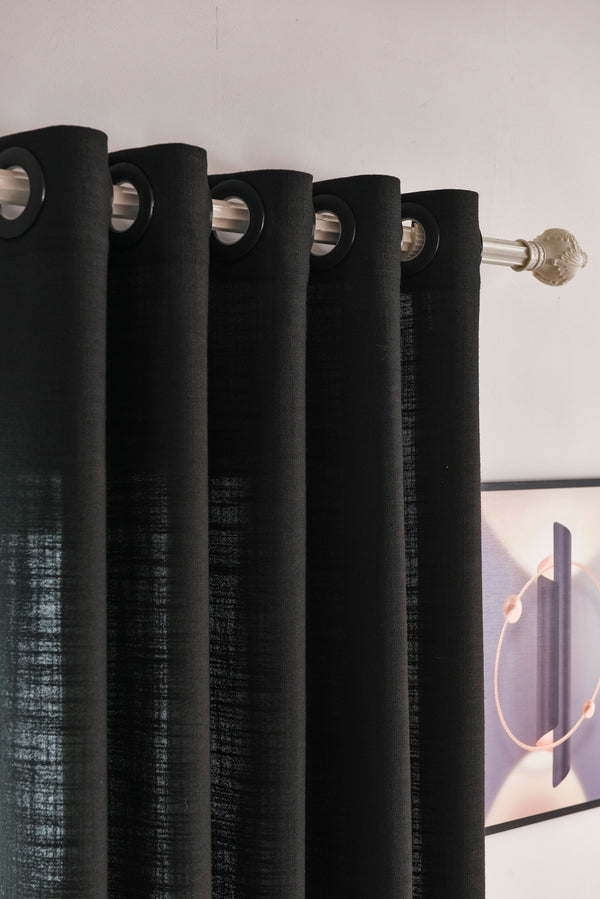 Black Linen Textured Sheer Curtain, Customize Size/Head, 1 Panel