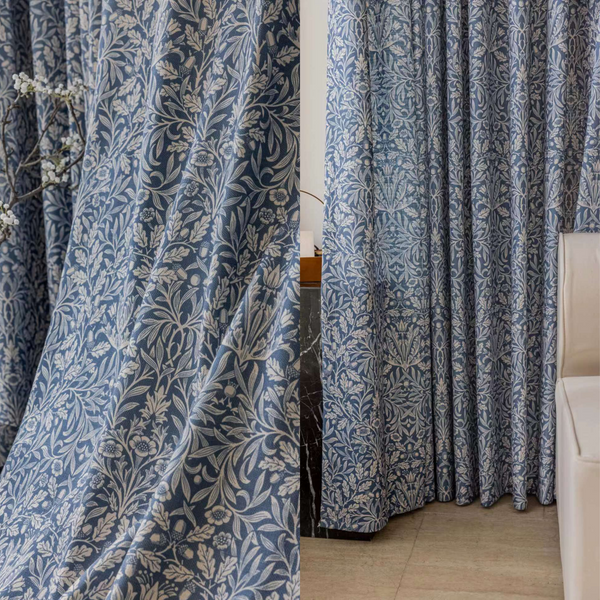 Botanical Bohemian Blue Version Boho Curtains, 40% Shading, Customize Size/Head, 1 Panel