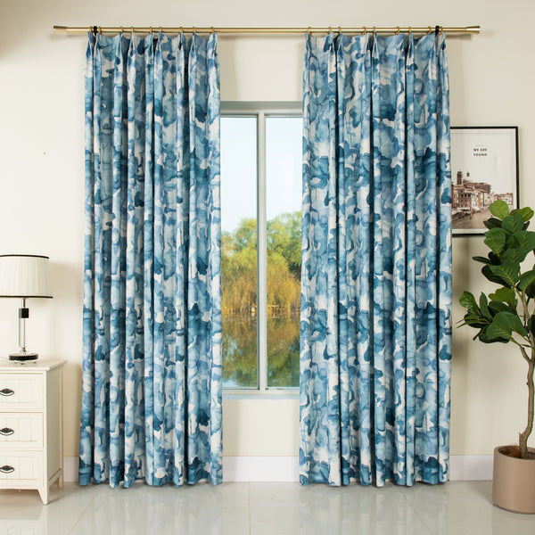 Asian-Inspired Zen Blue Curtains, 40% Shading, Customize Size/Head, 1 Panel