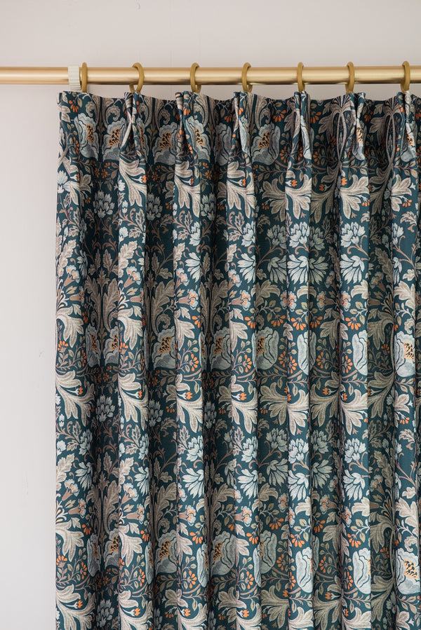 Vintage Bohemian Blossom Navy Blue Boho Curtains, 60% Shading, Customize Size/Head, 1 Panel